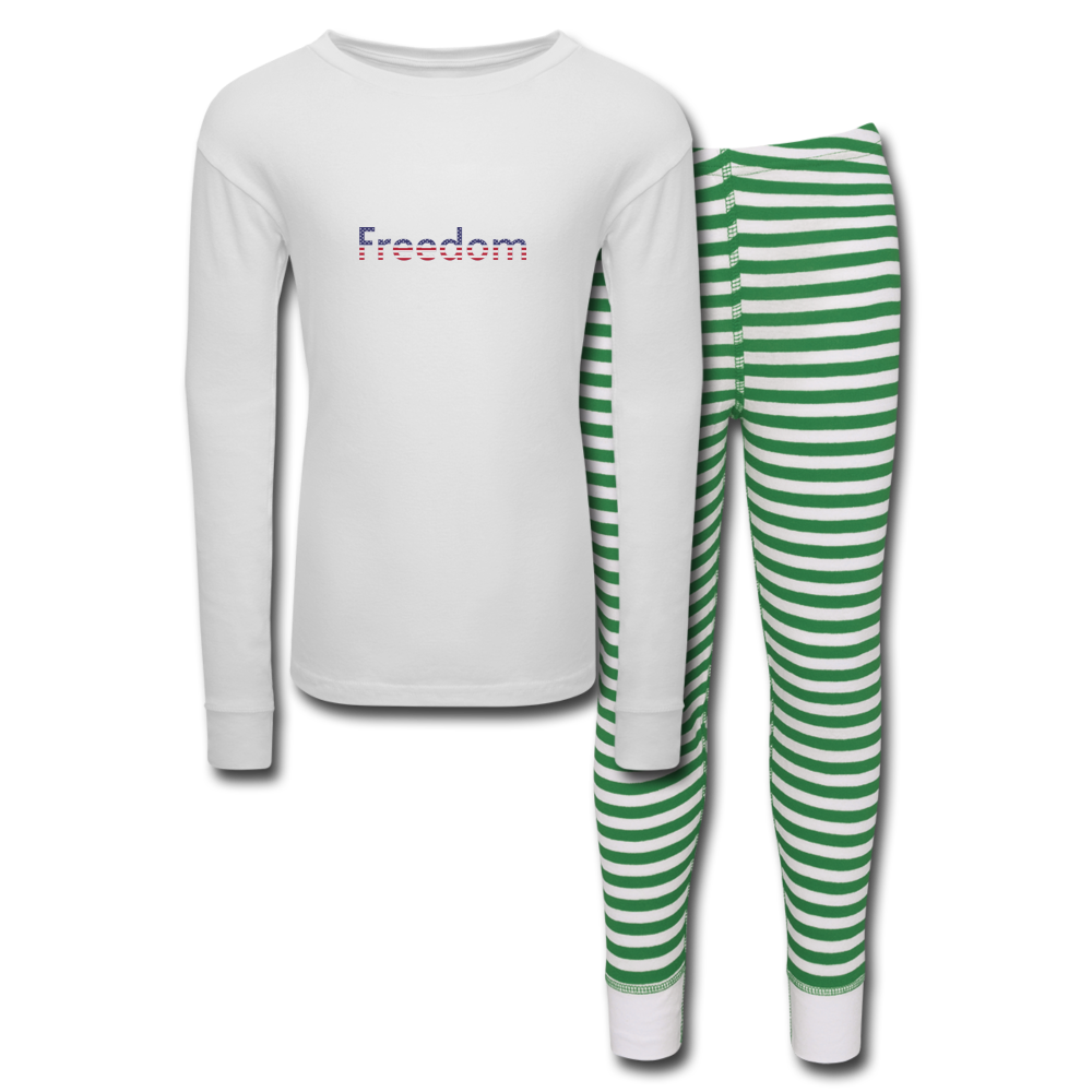 Freedom Patriotic Word Art Kids’ Pajama Set - white/green stripe
