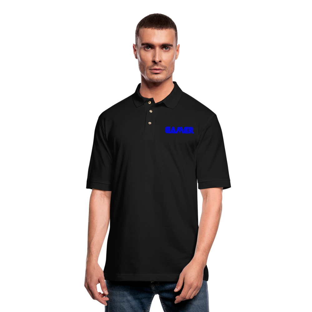 Gamer Word Text Art Men's Pique Polo Shirt - black