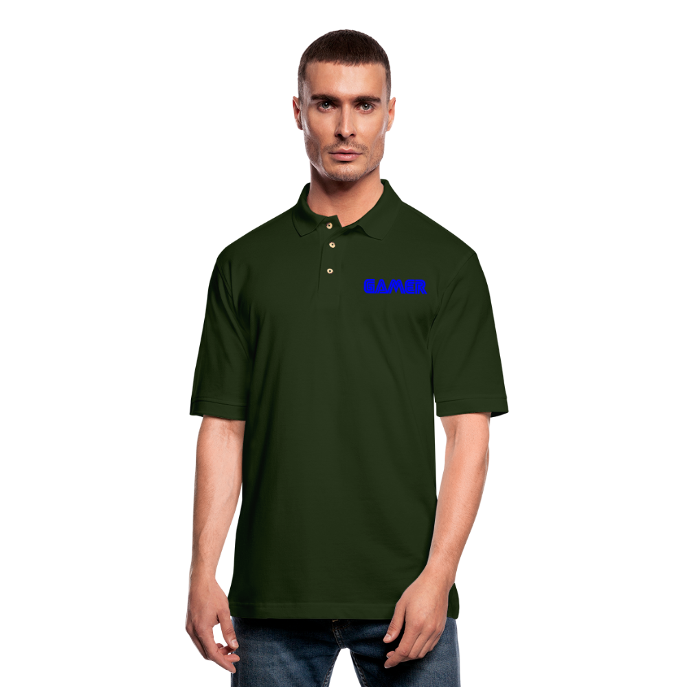 Gamer Word Text Art Men's Pique Polo Shirt - forest green