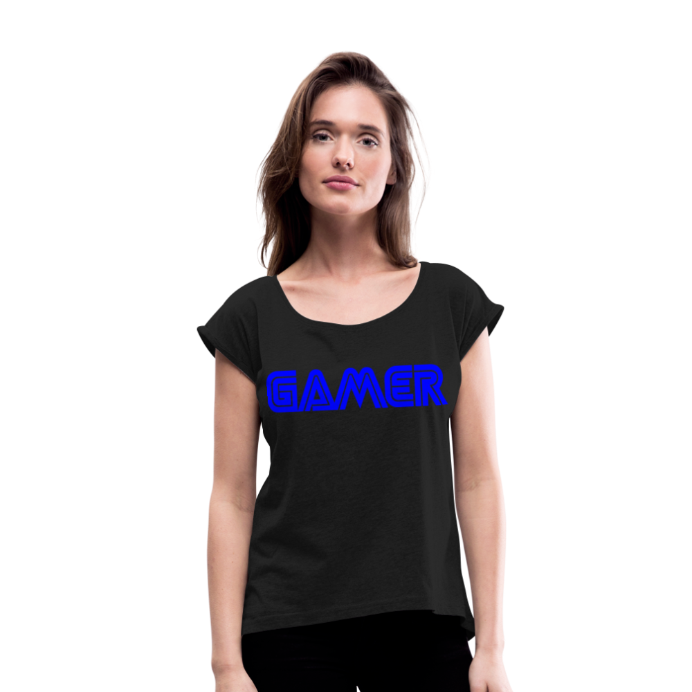 Gamer Word Text Art Women's Roll Cuff T-Shirt - black