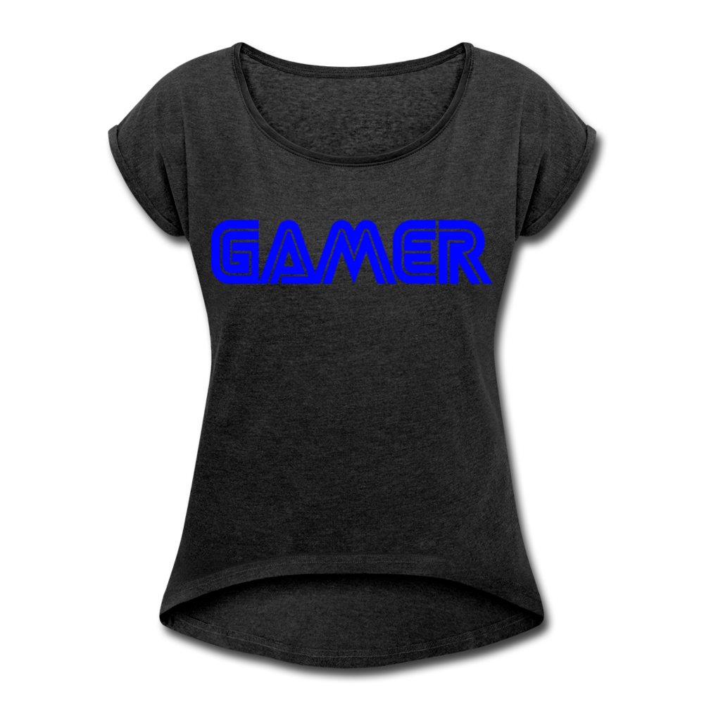 Gamer Word Text Art Women's Roll Cuff T-Shirt - heather black