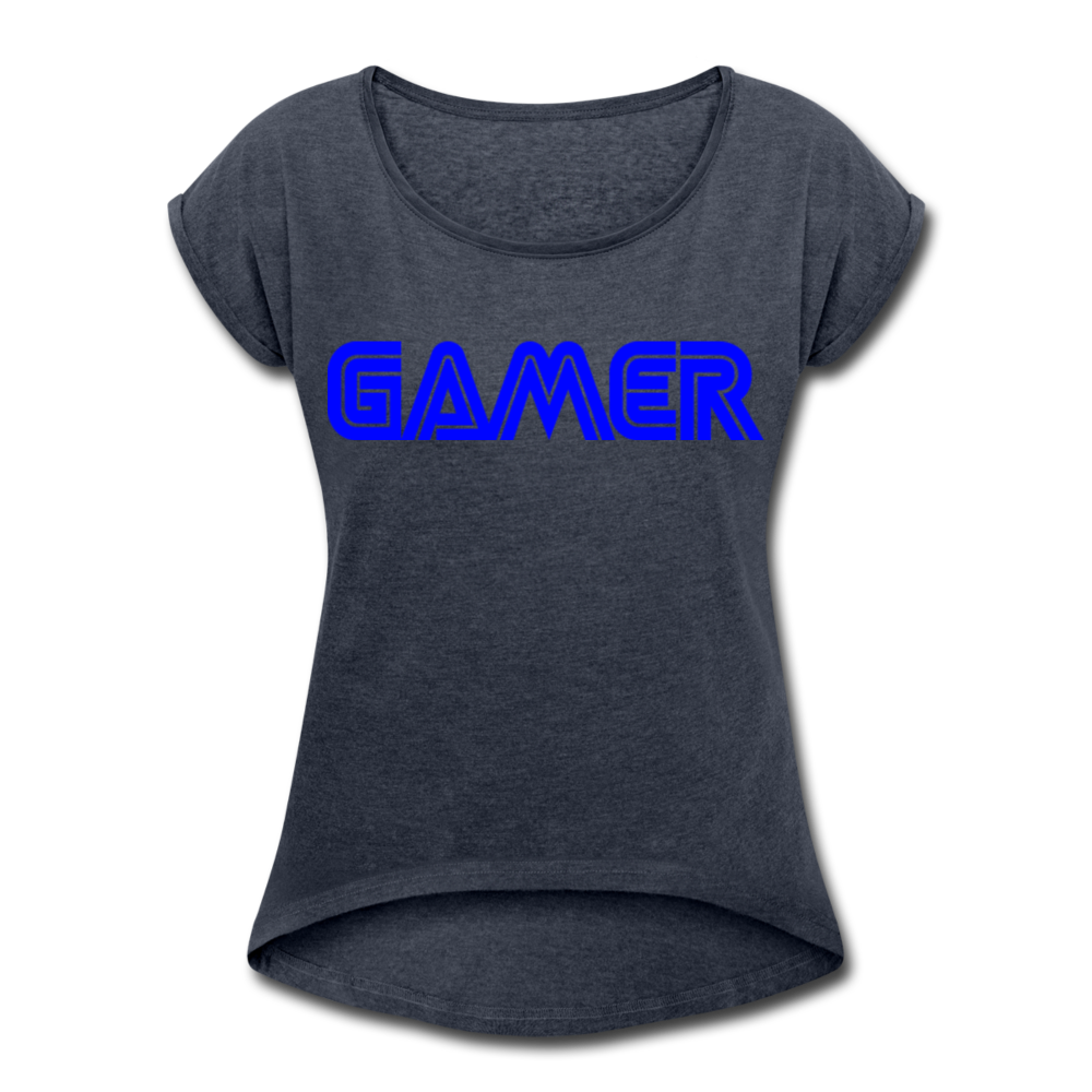 Gamer Word Text Art Women's Roll Cuff T-Shirt - navy heather