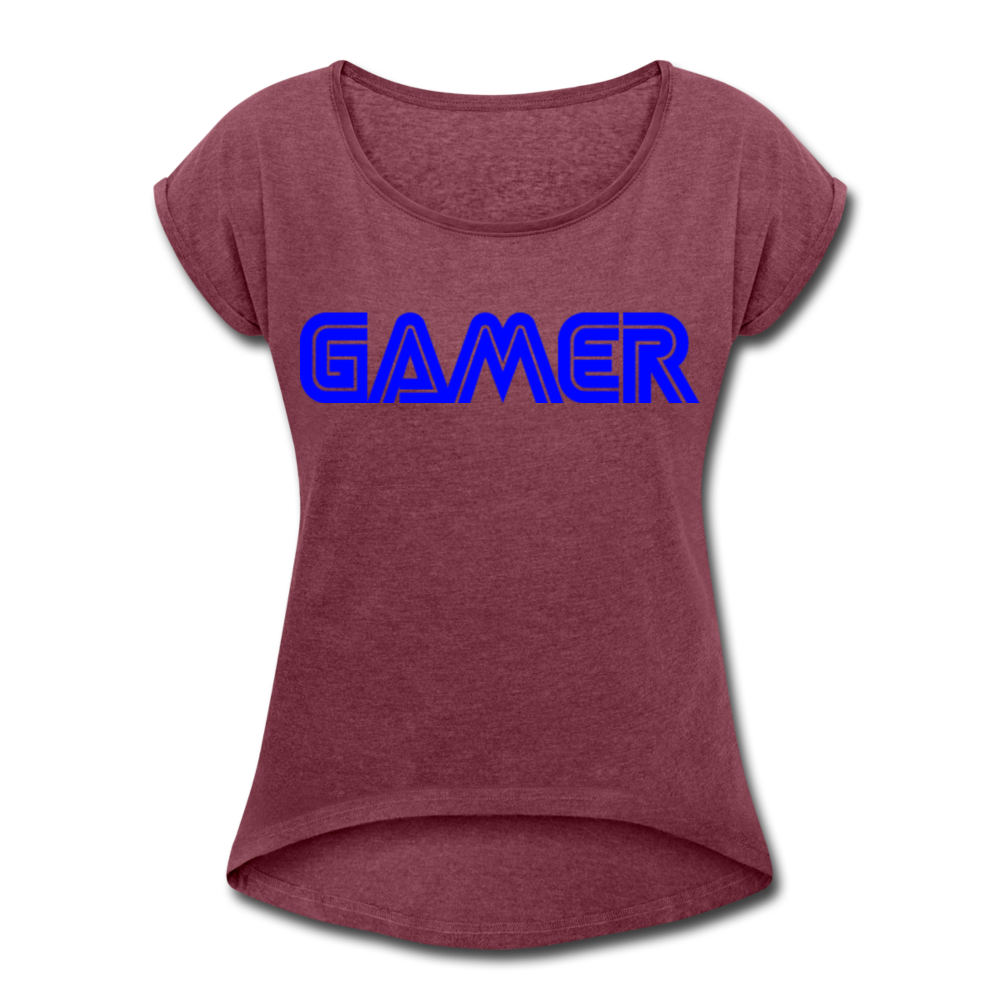 Gamer Word Text Art Women's Roll Cuff T-Shirt - heather burgundy