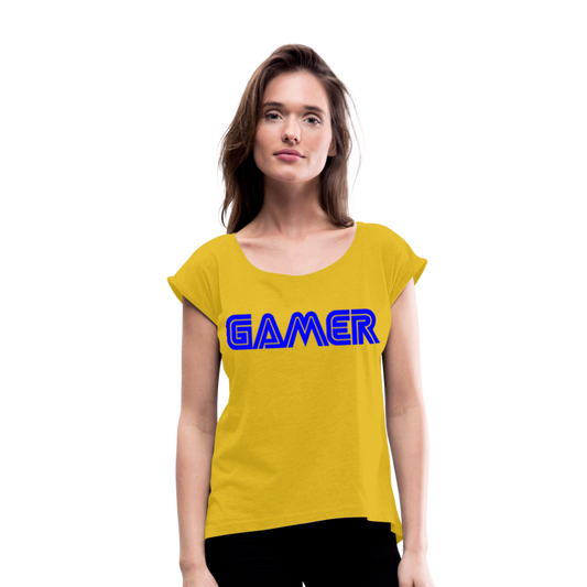 Gamer Word Text Art Women's Roll Cuff T-Shirt - mustard yellow