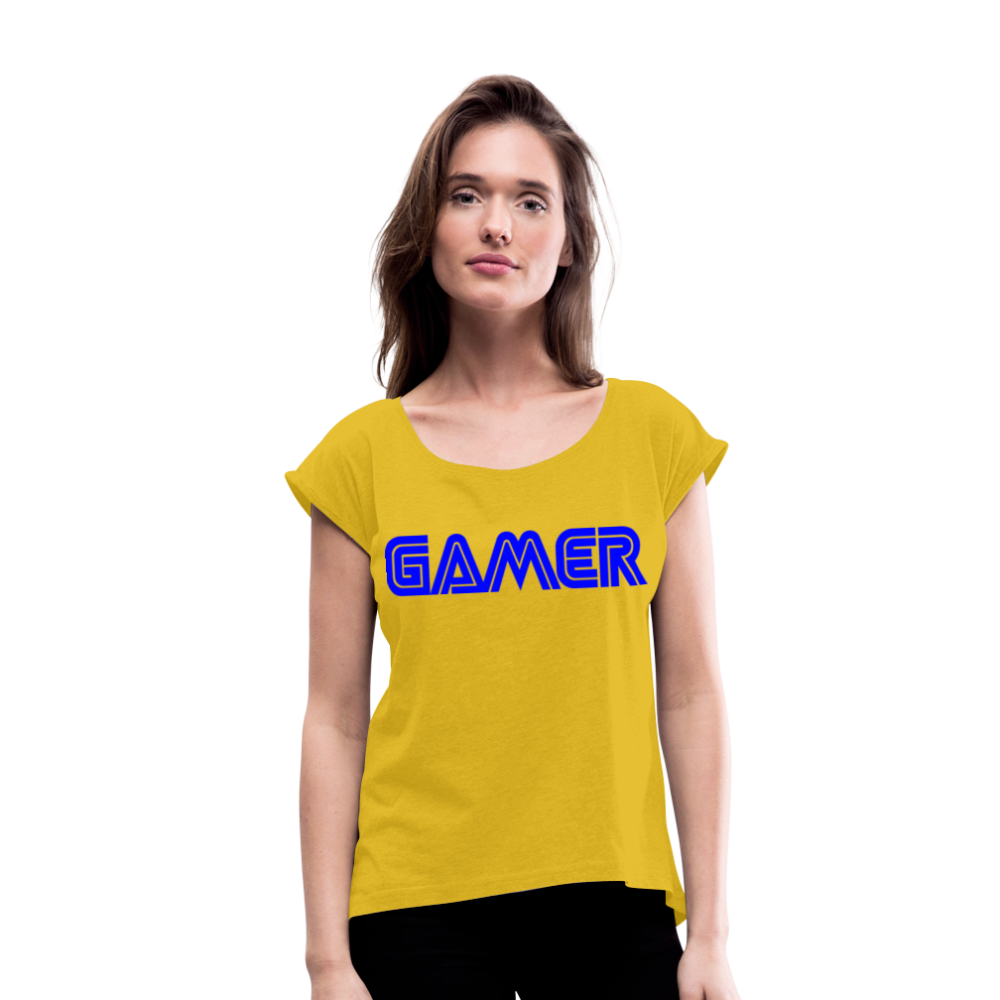 Gamer Word Text Art Women's Roll Cuff T-Shirt - mustard yellow