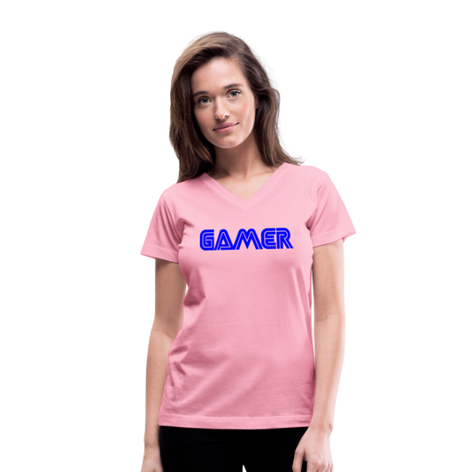 Gamer Word Text Art Women's V-Neck T-Shirt - pink