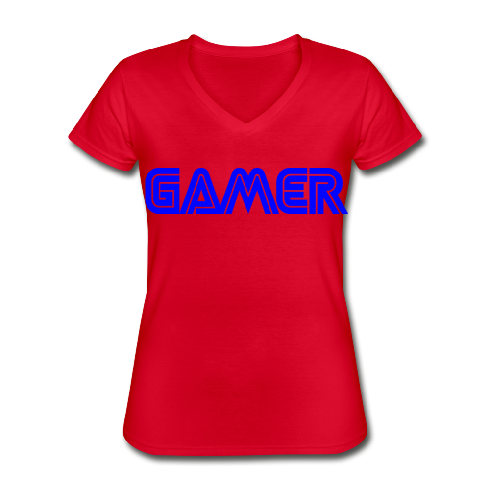 Gamer Word Text Art Women's V-Neck T-Shirt - red