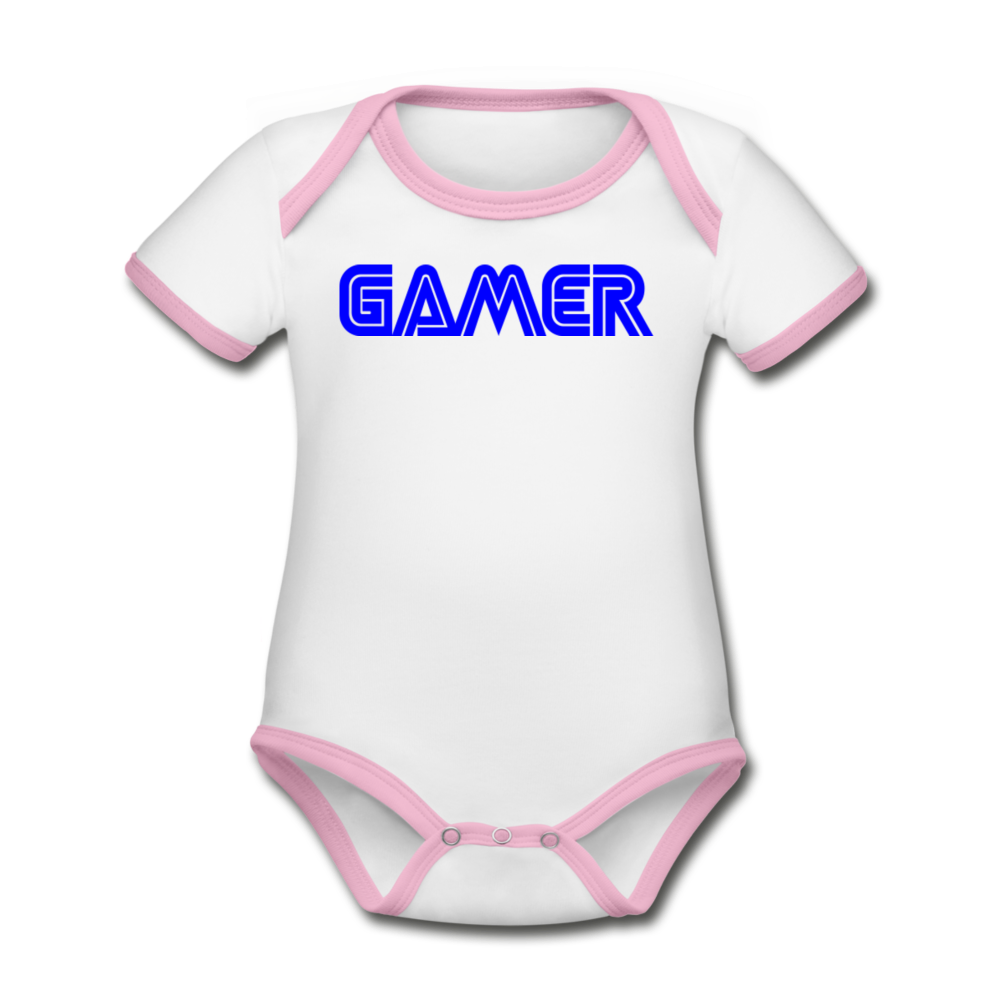Gamer Word Text Art Organic Contrast Short Sleeve Baby Bodysuit - white/pink