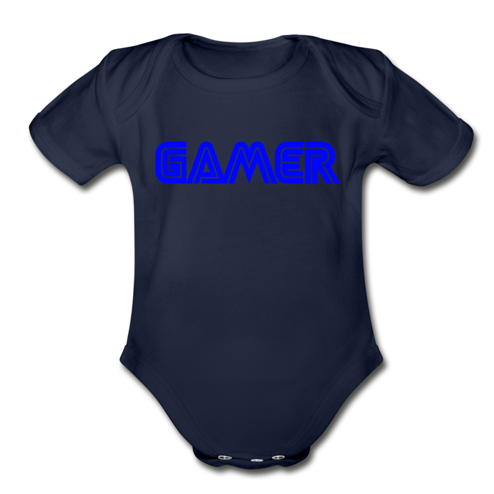 Gamer Word Text Art Organic Short Sleeve Baby Bodysuit - dark navy