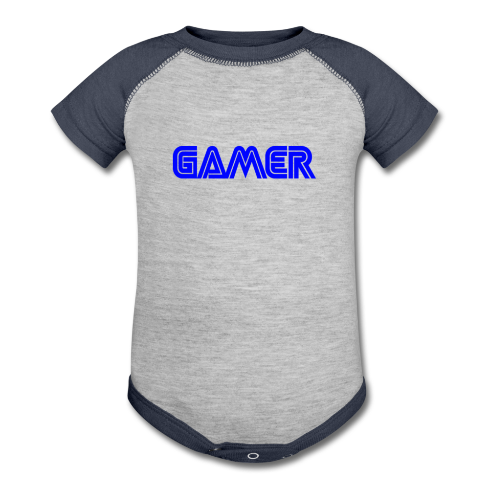 Gamer Word Text Art Baseball Baby Bodysuit - heather gray/navy