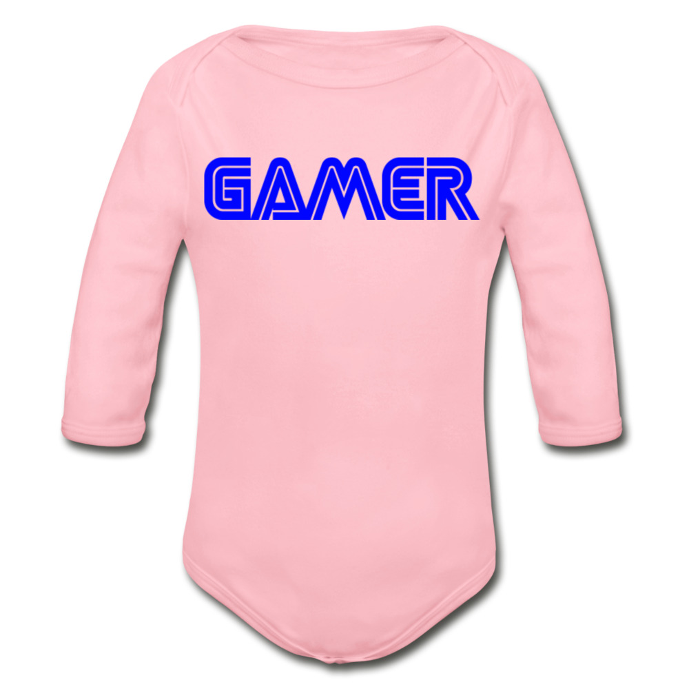 Gamer Word Text Art Organic Long Sleeve Baby Bodysuit - light pink