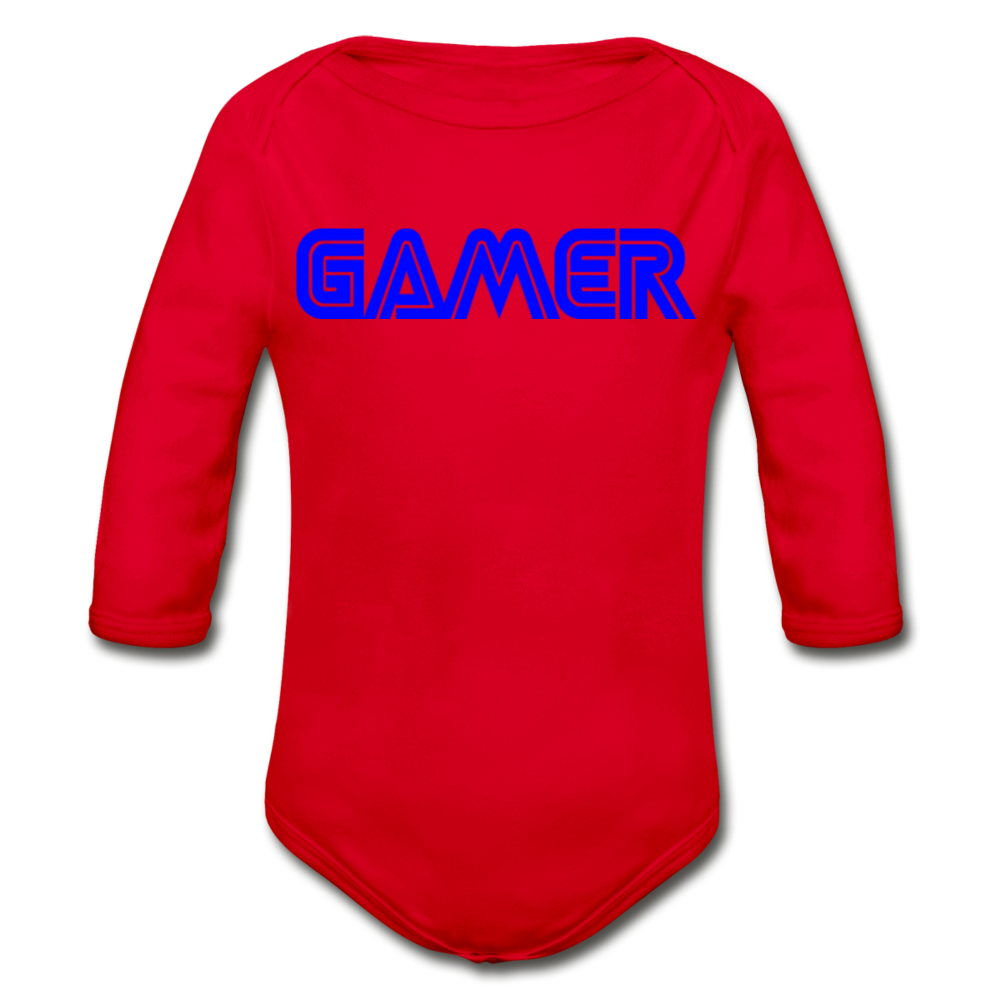 Gamer Word Text Art Organic Long Sleeve Baby Bodysuit - red
