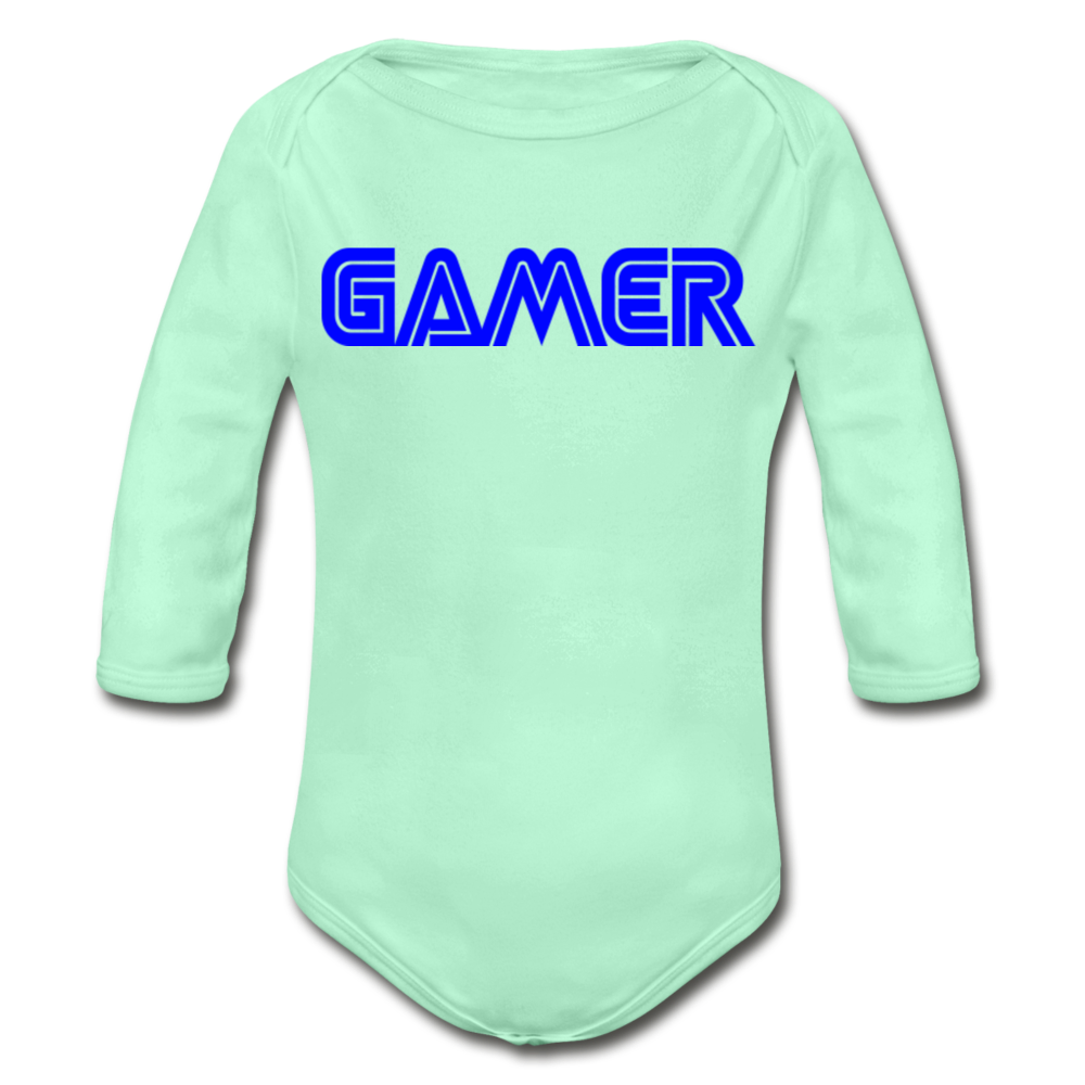 Gamer Word Text Art Organic Long Sleeve Baby Bodysuit - light mint