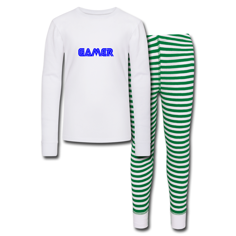 Gamer Word Text Art Kids’ Pajama Set - white/green stripe