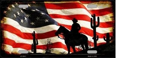 Cowboy With American Flag Background Metal Novelty License Plate 