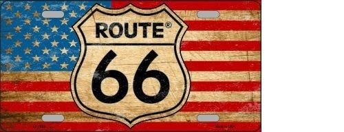 ROUTE 66 AMERICAN FLAG METAL NOVELTY LICENSE PLATE